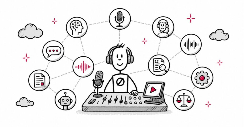 Hand-drawn collage of podcast microphones and headphones representing the best AI podcasts in 2026