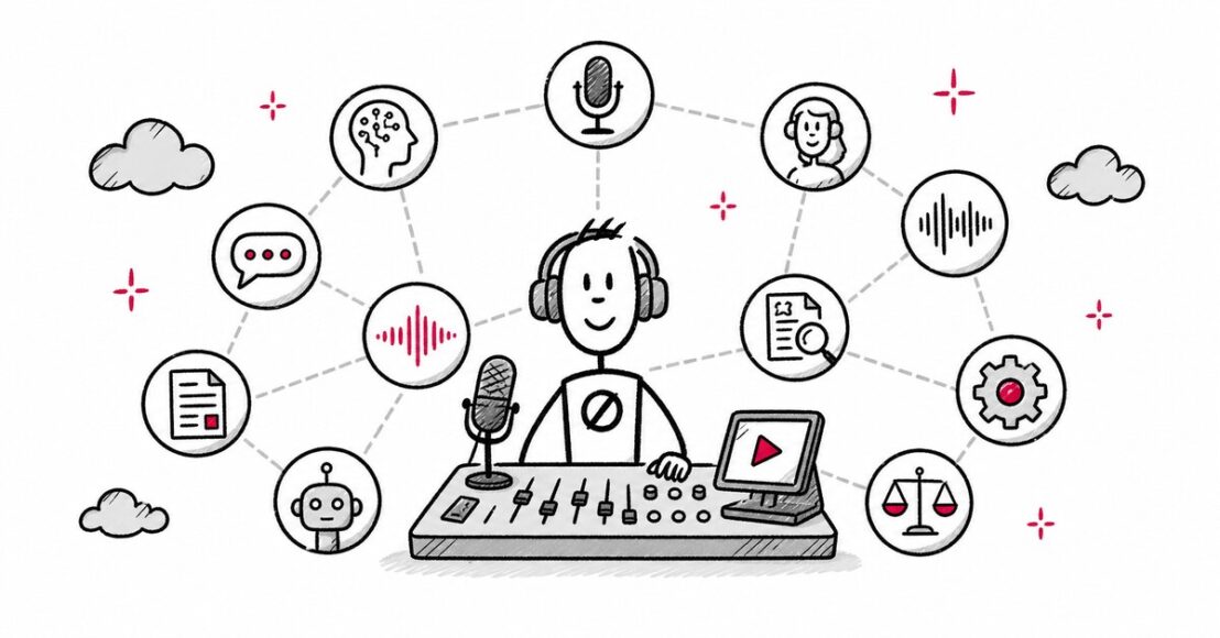 Hand-drawn collage of podcast microphones and headphones representing the best AI podcasts in 2026