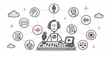 Hand-drawn collage of podcast microphones and headphones representing the best AI podcasts in 2026
